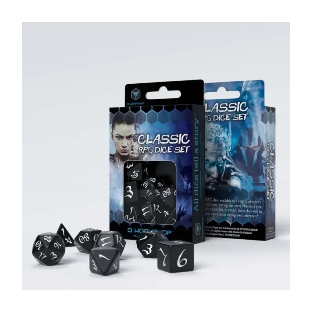 Dados de rol Clásico en negro y blanco (7 unidades)