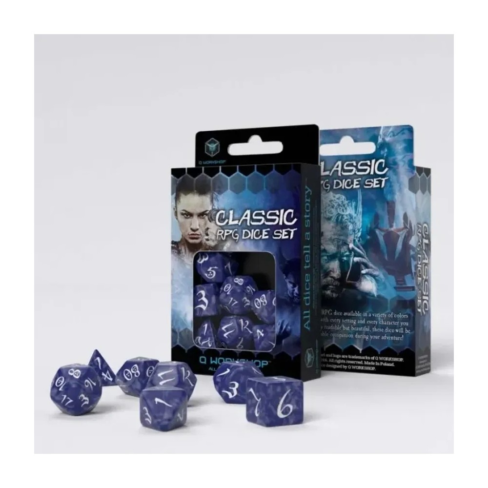 Dados de rol Clásico en cobalto y blanco (7 unidades)
