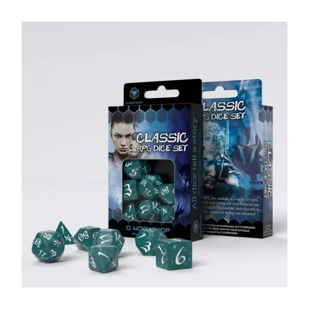 Dados de rol Clásico en verde Stormy & blanco (7 unidades)