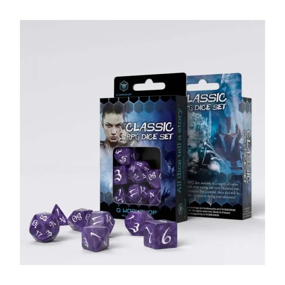 Dados de rol clásicos en morado y blanco (7 unidades)