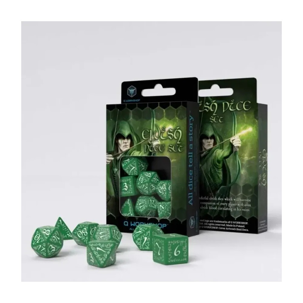 Dados Élficos en Verde y Blanco (7 unidades)