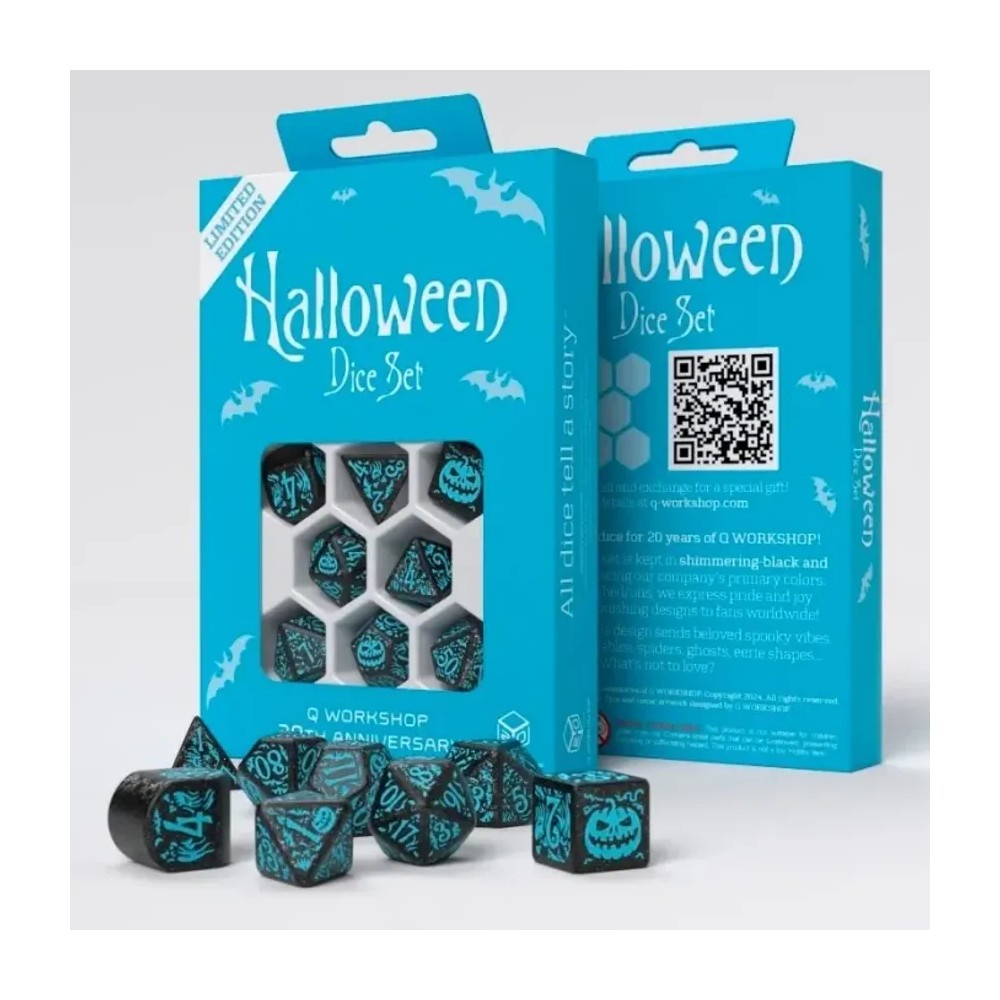 Dados Halloween 20º aniversario en Negro y Turquesa (7 unidades)