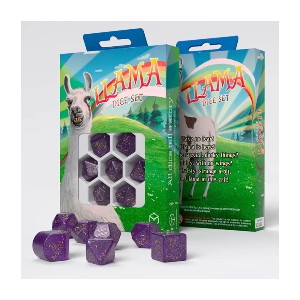 Dados de Llamas en morado y oro (7 unidades)