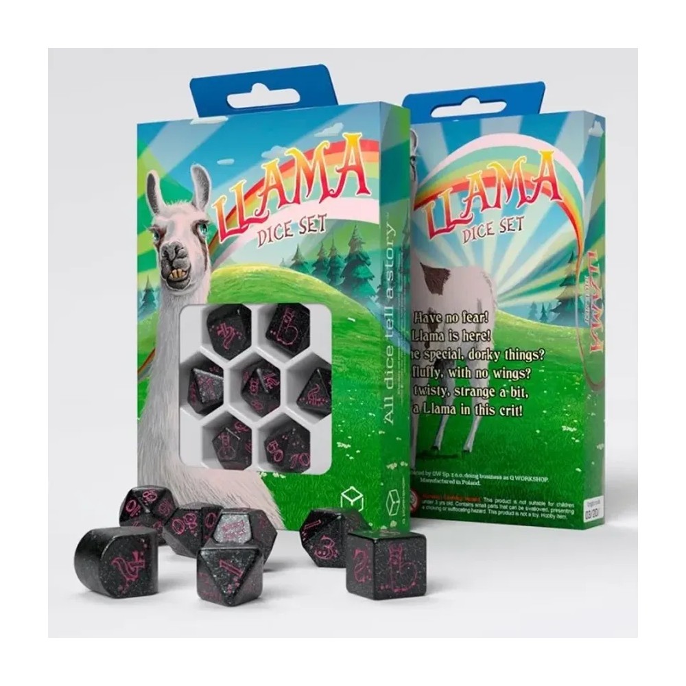 Dados de Llamas en negro y rosa (7 unidades)